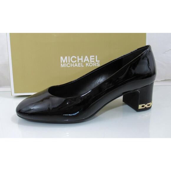 Michael Kors June Flex Mid Pump Block Heel MK Logo Black Patent Size 7.5 - Picture 2 of 10